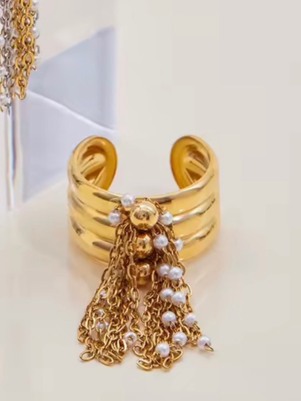Gold Pearl Tassel Stackable Ring - Brand New! Adjustable - Picture 4 of 9